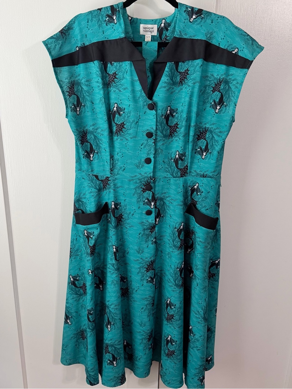 Unique Vintage Teal Mermaid Print Midi Dress with Black Trim
